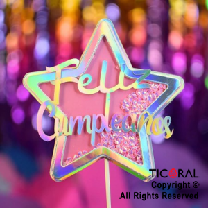 CAKE TOPPER CON CONFETTI ESTRELLA FELIZ CUMPLEA�OS ROSA (U24-223) X 1